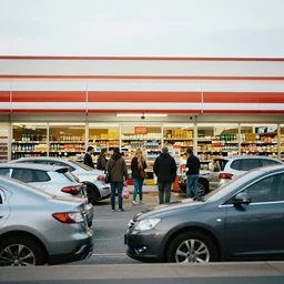 humans parked as cars outside the grocery store