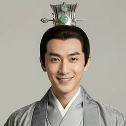 portrait of a smiling emperor, he wears a crown of silver and jade, he resides in a glittering palace, flowers, painting by artgerm and by greg rutkowski
