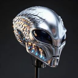 realistic photograph of an alien helmet made of chrome scales and glowing fiber optic wires, zeiss lens, artstation, octane render