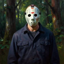 jason voorhees in the forest, masterpiece, dramatic light and shadow, saturated colors, ciaroscuro. painted by anders zorn