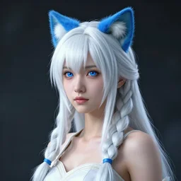 hyper - realistic + photorealistic render with very extreme intricate details, of a girl!!! wearing blue cat - ears, blue eyes and long white braided hair, in the style of final + fantasy 9, digital game - art by ross tran, 8 8 mm lens, full shot, movie composition by sana takeda, dramatic cinematic lighting by greg rutkowski, maya, cinema 4 d