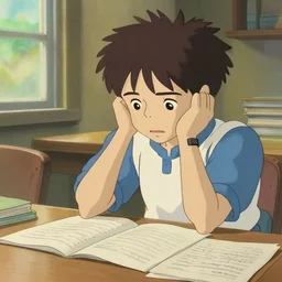 frustrated student studying, in style of studio ghibli,
