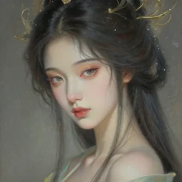 portrait of a beautiful celestial goddess, sweet, graceful, esoteric, muted colors, head in focus, fantasy art, intricate, elegant, highly detailed, hyperrealistic painting, artstation, concept art, painterly, sharp focus, hasselbrad photography, illustration, art by chie yoshii