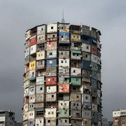 circular towers, made up of makeshift squatter housing with faded colours, apocalyptic sky, misty, dystopia, mamiya rb 6 7, fully frontal view, ultra sharp, very detailed, photographed by julie blackmon