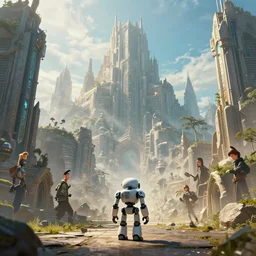 A small robot standing in the foreground of a massive fantasy city by Greg Rutkowski, Sung Choi, Mitchell Mohrhauser, Maciej Kuciara, Johnson Ting, Maxim Verehin, Peter Konig, final fantasy , 8k photorealistic, cinematic lighting, HD, high details, dramatic, atmospheric,