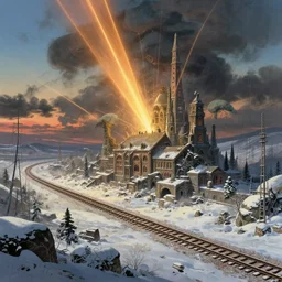 a beautiful ultradetailed illustration of railway architecture by thomas cole, apocalyptic laser alien sunlight reclaimed by nature studio ghibli at dusk extraterrestial retro snowy, archdaily, wallpaper, highly detailed, trending on artstation.