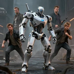 commission of a robot chasing thugs.dramatic,character design by charles bowater,greg rutkowski,ross tran,hyperdetailed,hyperrealistic,4k,deviantart,artstation,professional photography,concept art,dramatic