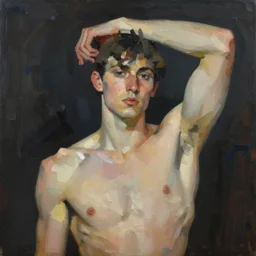 closeup, very few thick long paint brush strokes, abstract depiction of the physique of one!!! very thin athletic man posing dramatically, closeup, matte colors, conrad roset, dark abstract background, abstract painting trending on artstation