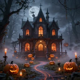 mysterious halloween haunted house, pumpkin lantern, candle pile, mist, vine, trends on artstation, high quality, high detail, path tracking, soft lighting, soft color, digital art, 8 k hdr, octane rendering, unreal engine 5