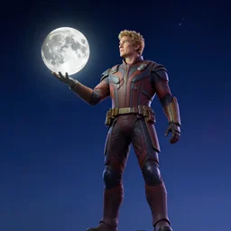 celestial eson from marvel, guardians of the galaxy cosmic rewind, in the sky, holding the moon in his hand, sky photograph, 1 4 mm f / 2. 4