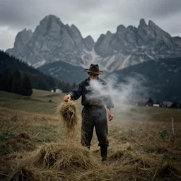 alpine tyrolean farmer dissolving into hay on a field, dolomites in background, dark, eerie, 1 9 2 0 s ghost photography, spirits, fog from mouth