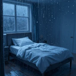 a blue photo of a bed seen through a rain - covered window, raindrops on glass, digital painting, artstation, concept art, smooth, dynamic lighting by delphin enjolras, ultrarealistic, cinematic, octane render, 8 k