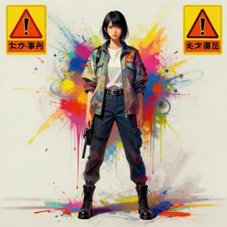 full body portrait of a japaneses model, digital art, concept design, colourful spray paint splatters, health and safety decals, cinematic, deep impasto