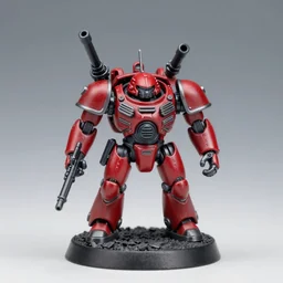 8 0 mm resin detailed miniature of a armored core with red, rifle, cannon on shoulder, full body, head, legs, textured base ; product photos, 4 k, view from front