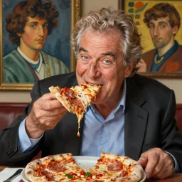 portrait of Steve Martin eating pizza, highly detailed, digital painting, artstation, concept art, sharp focus, illustration, art by artgerm and greg rutkowski and alphonse mucha