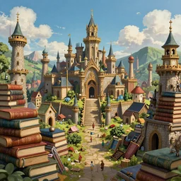 a beautiful hyper realistic 3d render of A fantastical medieval city build upon a foundation of books by goya, Atey Ghailan, ghibli, unreal engine, octane render, brilliantly colored, ultra wide angle, trending on artstation, HDR, polished, micro details, ray tracing, 8k