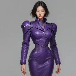 portrait of Korean female futuristic short violet leather jacket and skirt expressive pose, intricate, elegant, highly detailed, digital painting, artstation, concept art, smooth, sharp focus, illustration, art by artgerm and greg rutkowski and alphonse mucha