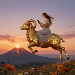 goddess by josephine wall, checking her phone, sitting on flying golden ram, erupting volcano in distance, flowers in foreground, sunset, stars in sky, fantasy