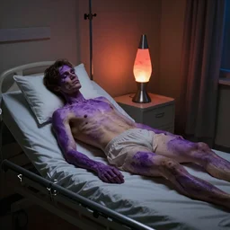 extremely skinny man with purple skin lying on hospital bed in dim room with lava lamp on the bedside corner illuminating