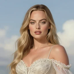 Margot Robbie as Goddess, Heaven, cute, fantasy, intricate, elegant, highly detailed, digital painting, 4k, HDR, concept art, detailed jewelry, smooth, sharp focus, illustration, art by Artgerm and H R Giger and Greg Rutkowski and Alphonse Mucha