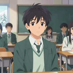 boy's love anime modern high school classroom in winter clear day, expert high detail concept art cinematic, perfect proportions defined face, vivid colors, pixar undertones, photorealistic shaded lighting wallpaper ilya kuvshinov, katsuhiro, makoto shinkai, wlop loish and clamp style, trending on art station, best selling artist