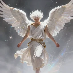 harmony of white haired angel yoongi wearing greek clothes, muted colors, sparkles everywhere, big wings, dynamic hair movement, dynamic pose, holographic space, glowing effect, j. c leyendecker, by alan lee, wlop! illustrated by starember, fantasy art by craig mullins