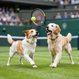 dogs playing tennis at Wimbledon, funny photorealistic image