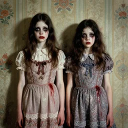 a beautiful and eerie baroque painting of two beautiful but creepy siblings wearing vivienne westwood dresses in layers of fear, with haunted eyes and dark hair, 1 9 7 0 s, seventies, wallpaper, a little blood, afternoon light showing injuries, delicate embellishments, painterly, offset printing technique, by brom, robert henri, walter popp