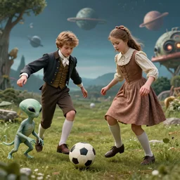 detailed, sharp, a boy and a girl, playing soccer with their pet humanoid alien, wearing 1850s era clothes, in a park on an alien planet, extremely highly detailed, hyperrealistic, highly detailed faces, 70 mm film still from a period sci fi movie, 4k