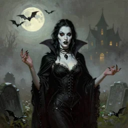 medium shot of pale skin vampire goth witch in foggy graveyard, the moon, bats, haunted house in background, by frank frazetta, greg rutkowski, grey green brown color, palette knife and brush strokes