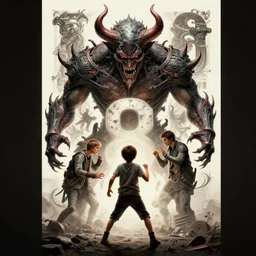 perfectly - centered - 8 0's movie poster of a kid fighting demon, intricate, highly detailed, digital painting, artstation, concept art, smooth, sharp focus, illustration, unreal engine 5, 8 k, art by artgerm and greg rutkowski and sam spratt