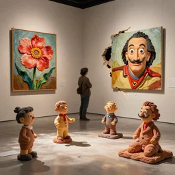 plasticine sculpture. stop motion. john craxton. salvador dali clay models. gallery. painting of flower. room with hole in wall. visitor. photorealistic.