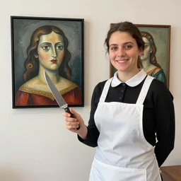 the waitress said no, and i showed her a knife, painted by botero and niki de saint phalle, detailed image