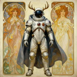 knights templar in a space suit with cape and antlers, futurism, character design, painting by gaston bussiere, greg rutkowski, artgerm, alphonse mucha, trending on artstation