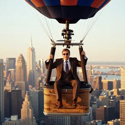 Andy Richter wearing a brown suit and necktie riding in a hot air balloon above nyc