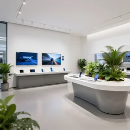 8 k film still. hyperdetailed samsung store, contemporary design, polished concrete, white walls, digital screens, curved corian furniture, lush plants, spots.