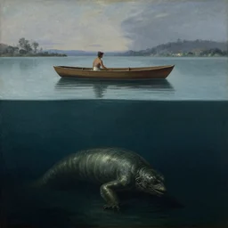 style of hubert robert, below water creature lurking under the water, lake, above water man on boat above water, evening, stars