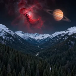 A forested valley surrounded by snow-capped mountains at night, a red nebula and orange gas giant with rings in the sky, no clouds, sci-fi, photorealistic