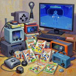 smash bros renaissance oil painting with nintendo consoles and game boxes piled everywhere, wireframe vr chat screenshot