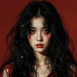 a beautiful but sinister girl in layers of fear, with haunted eyes and tangled, dark hair, 1 9 7 0 s, seventies, delicate embellishments, a little blood, crimson, painterly, offset printing technique, by alexandre cabanel