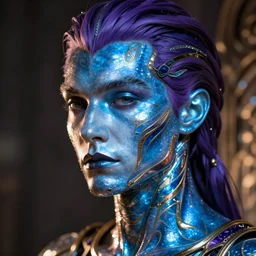 hyperrealistic close-up of art deco cyborg man with purple hair and pearlescent blue skin wayne barlowe machiej kuciara very dramatic lighting on one side wide angle 35mm shallow depth of field
