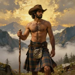 a dramatic epic beautiful painting of a handsome hairy shirtless desi man in the mountains | he is wearing a plaid kilt and cowboy hat, and holding a walking stick | background is mountains! and clouds | dramatic lighting, golden hour, homoerotic | by mark maggiori and walter crane | trending on artstation