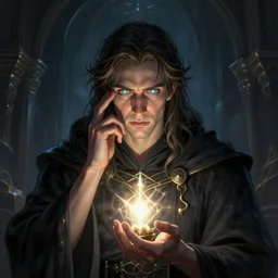 a handsome young wizard confused about his decision between dark and light magic, glowing eyes, volumetric lighting,  D&D, fantasy, intricate, cinematic lighting, highly detailed, digital painting, artstation, concept art, smooth, sharp focus, illustration, art by Artgerm and Greg Rutkowski and Alphonse Mucha