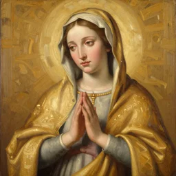 portrait of the Virgin Mary wearing golden robes by Jeremy Mann, intricate, warm tones, vivid colors, detailed, stylized, loose brush strokes, looking askance