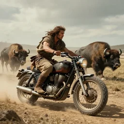 an ancient tribesman on ancient motorcycles with perfect wheels, hunting buffalo ,chase, action scene, an epic fantasy, dramatic lighting, cinematic, establishing shot, extremely high detail, photorealistic, cinematic lighting, artstation, octane render, by simon stalenhag, horizon forbidden west,old photo, vintage