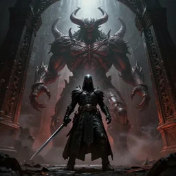 the demon hunter stands against the infernal giant guarding the gates to hell, 4k, artstation, grimdark