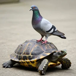a photo of a pigeon standing on a turtle's shell,