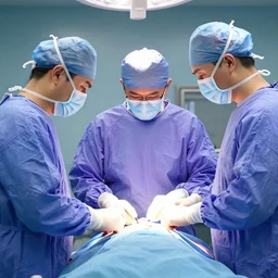 by wlop 4 k resolution, blue - violet curvaceous. a beautiful photograph of a team of surgeons gathered around a patient on an operating table, with one surgeon in the process of cutting into the patient's chest. the photograph is full of intense colors & brushstrokes, conveying the urgency & intensity of the surgery.