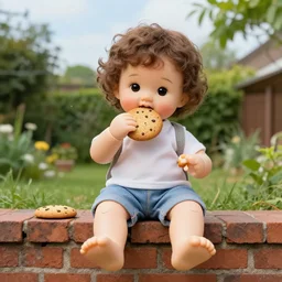 doll with giant realistic hands eating a cookie sitting on brick wall, garden background, sky, photo, hd