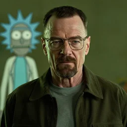 portrait of walter white in the style of justin roiland. heisenberg. breaking bad. cinematic lighting. style of rick & morty. photographic, photography. by justin roiland